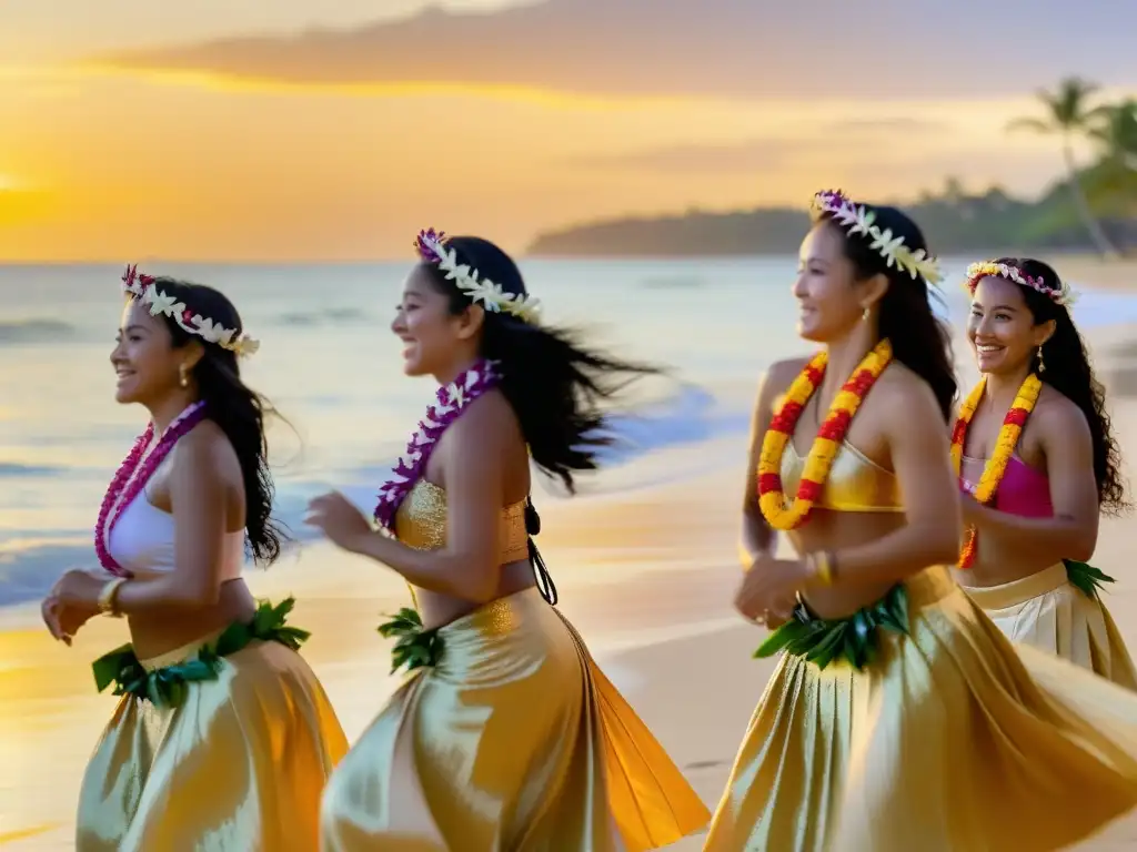 Un grupo de mujeres baila hula en la playa al atardecer, reflejando la atmósfera espiritual de los retiros de danza hawaiana