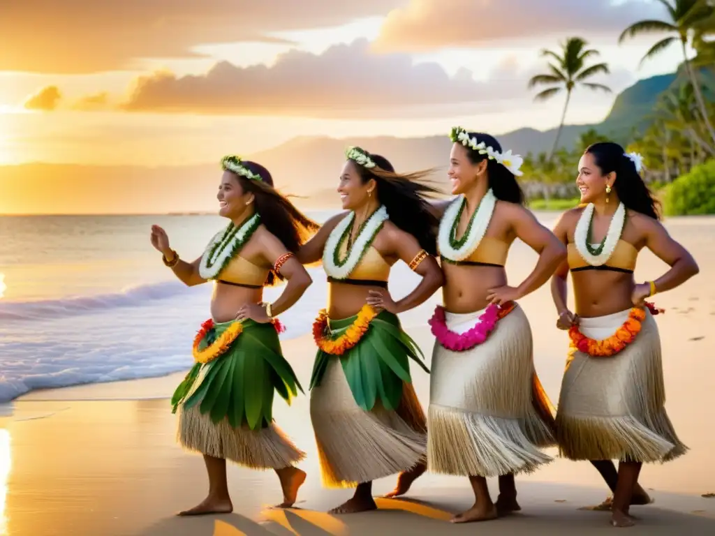 Un grupo de mujeres polinesias danzando hula en la playa al atardecer, evocando el significado cultural e historia de la danza hula en Polinesia