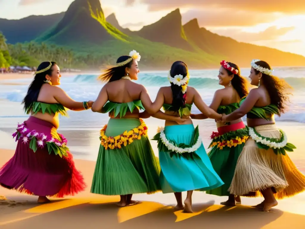 Grupo de mujeres polinesias con trajes tradicionales y collares de flores, bailando hula al atardecer en la playa