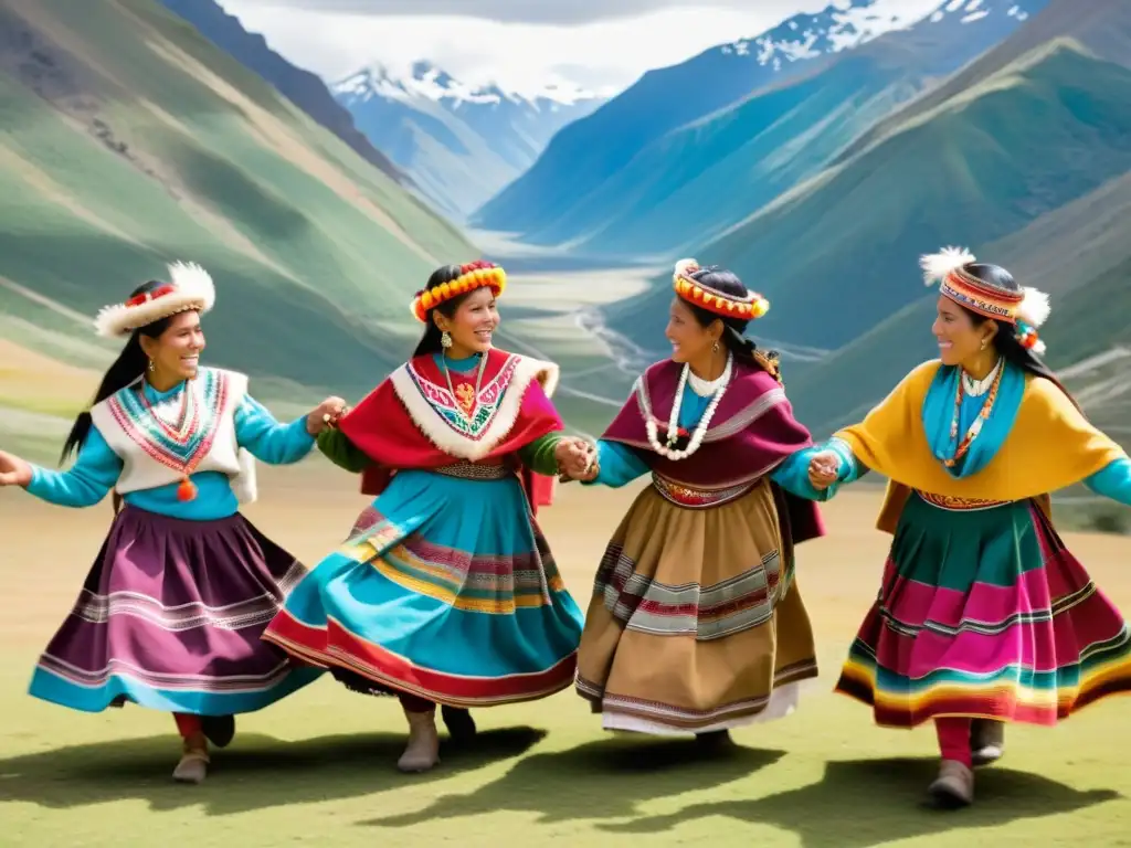 Grupo de mujeres quechuas danzando en el festival Cacharpaya en los Andes del norte argentino, exudando alegría y significado cultural