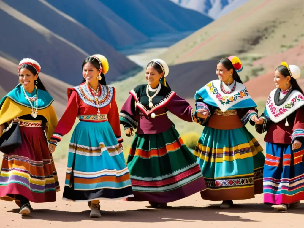 Grupo de mujeres quechuas con trajes de danza tradicionales icónicos, bailando con movimientos fascinantes en la Quebrada de Humahuaca, Argentina