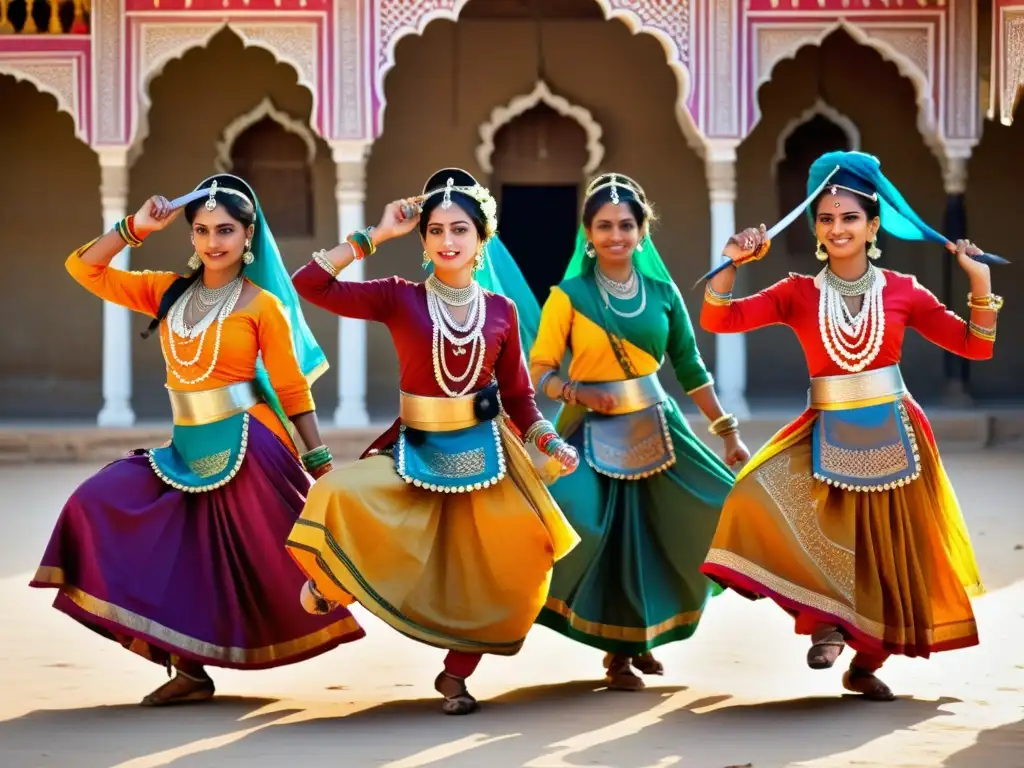 Grupo de mujeres rajasthaníes realizando la danza tradicional Ghoomar con cuchillos equilibrados en la cabeza, mostrando gracia y valor en Rajasthan