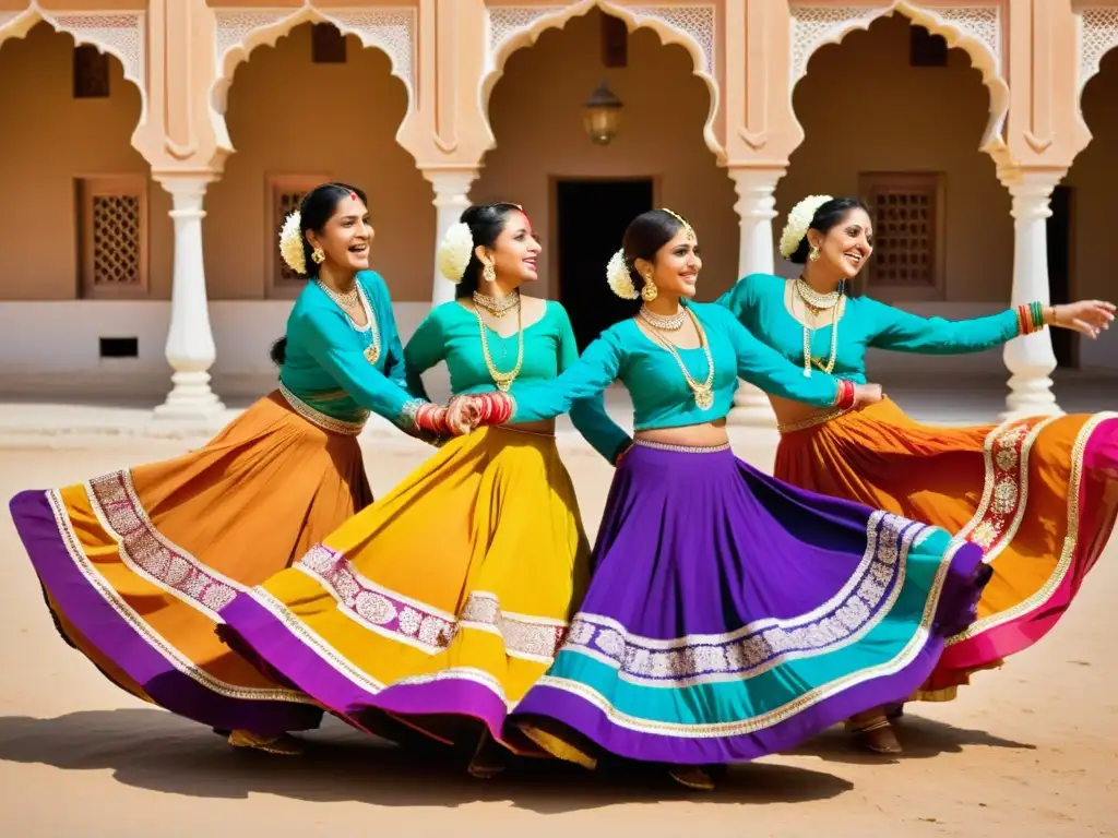 Un grupo de mujeres rajasthaníes danza con gracia y alegría en coloridos atuendos tradicionales, celebrando la Danza circular tradicional de India