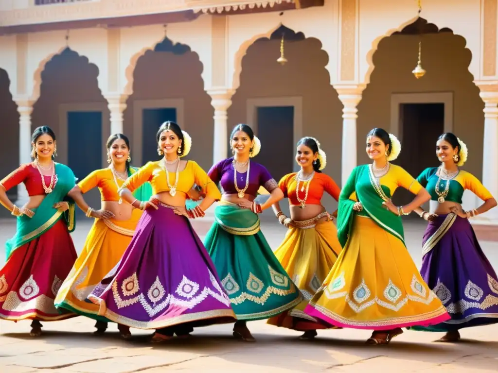 Un grupo de mujeres rajasthaníes danzando Ghoomar con gracia y coloridos atuendos, en un patio soleado de Rajastán