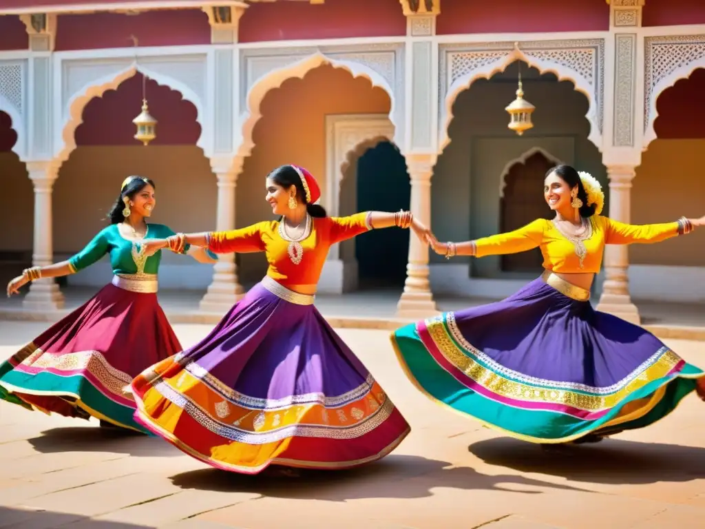 Un grupo de mujeres rajasthaníes danzando con gracia el Ghoomar en un patio soleado, creando un remolino de color y movimiento