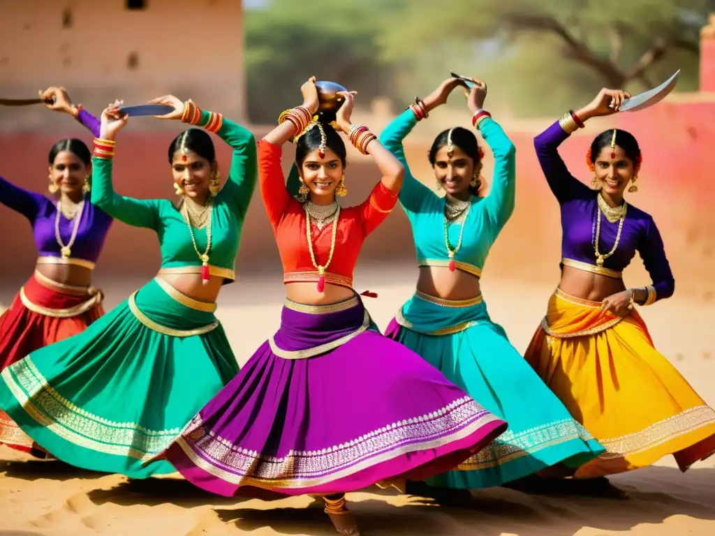 Un grupo de mujeres rajasthaníes viste trajes tradicionales, realizando la danza Ghoomar con cuchillos