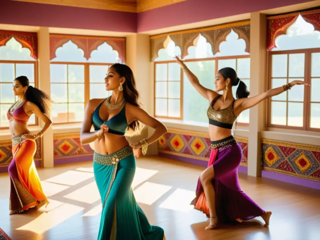 Un grupo de mujeres se prepara para un retiro de danza del vientre empoderamiento en un estudio soleado, practicando movimientos fluidos y sensuales