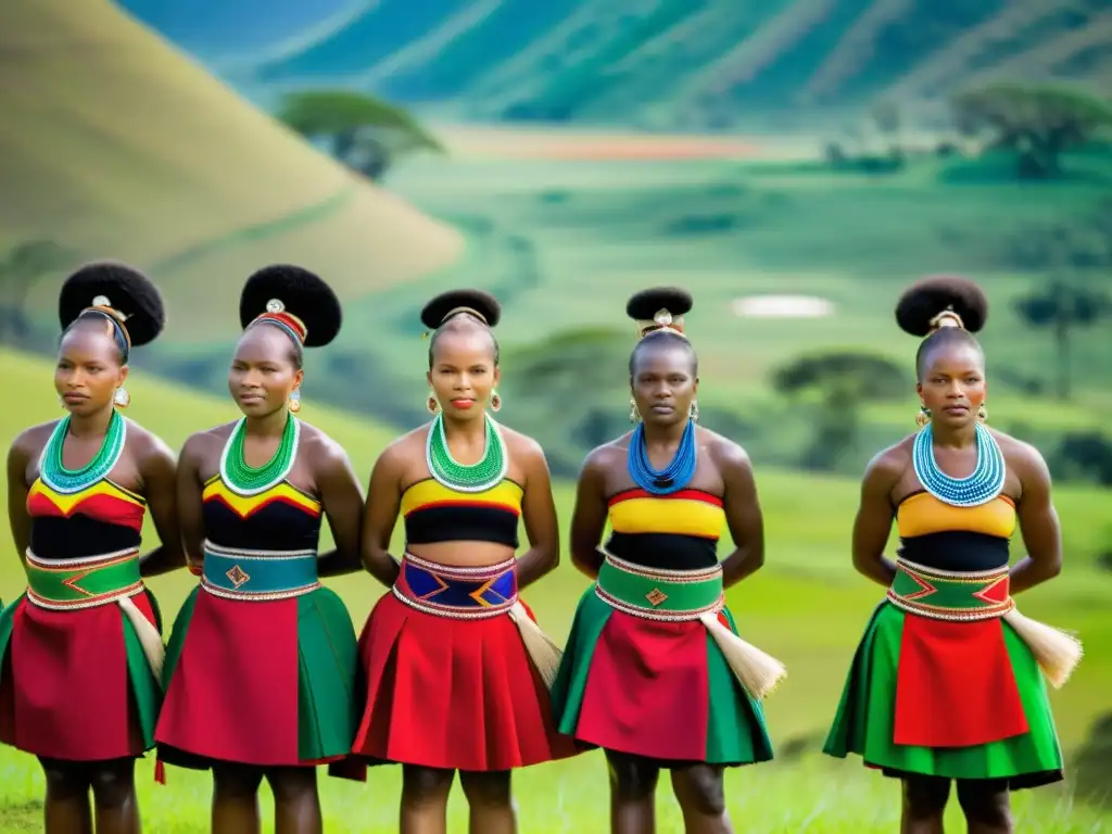 Un grupo de mujeres swazi vestidas con trajes tradicionales vibrantes realiza la danza de la Ceremonia Swazi Reed Dance en un valle exuberante