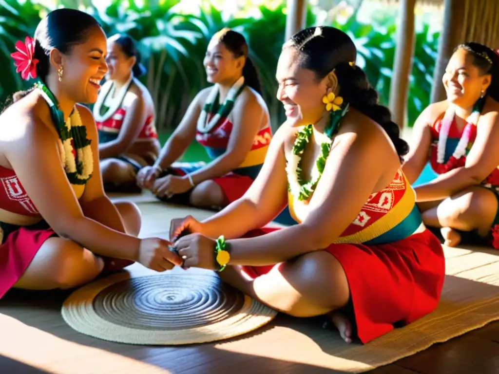 Un grupo de mujeres tonganas participando en la danza de Tapa de Tonga, con movimientos gráciles al ritmo de los tambores, mostrando la expresión cultural de Tonga