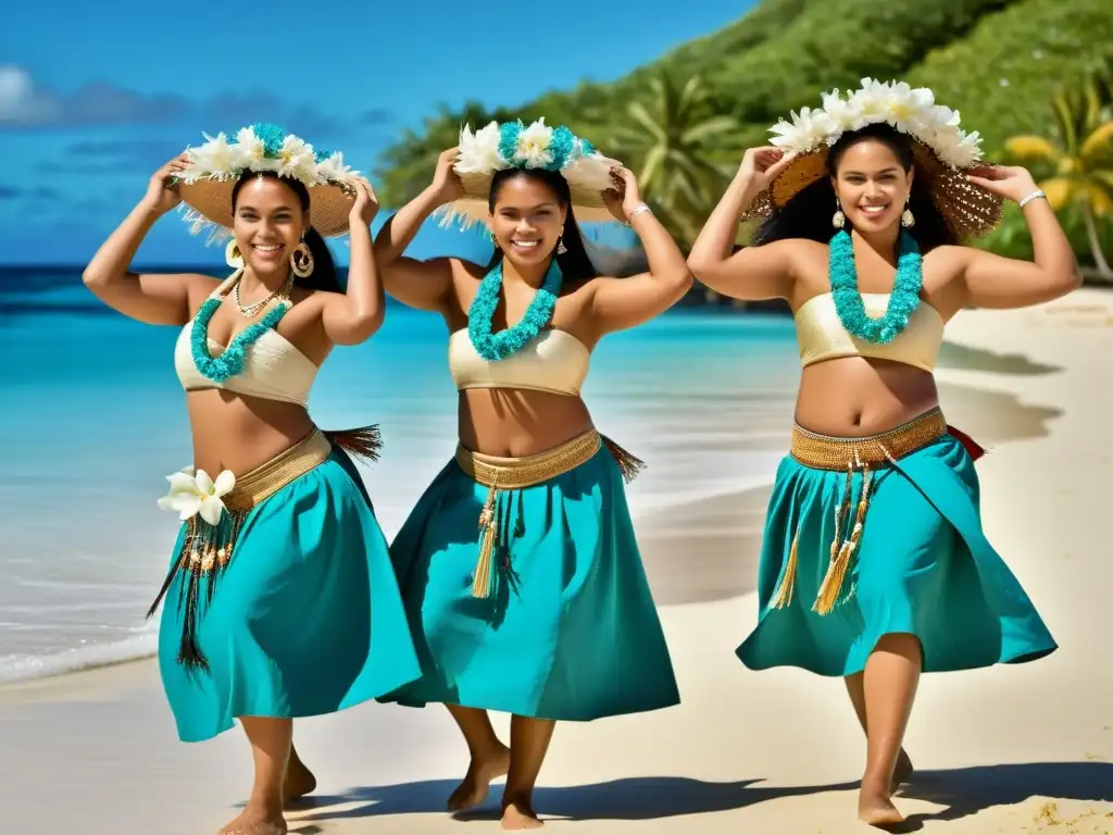 Un grupo de mujeres tonganas bailando la Danza de Tapa de Tonga en la playa, mostrando su significado cultural en un escenario impresionante