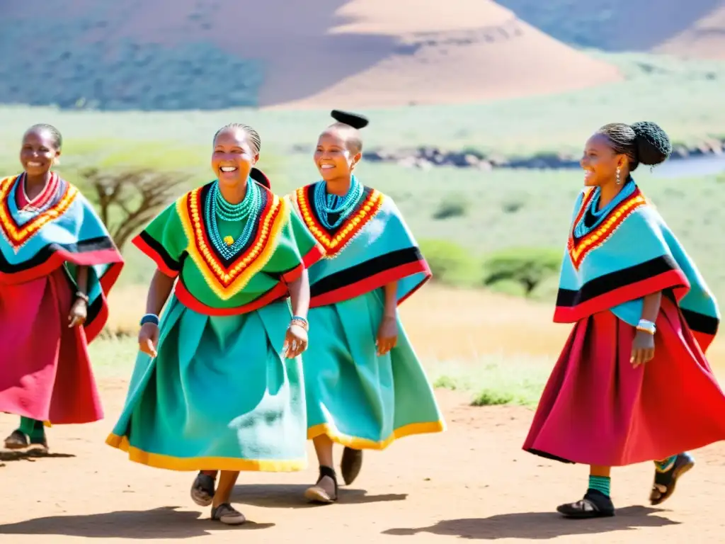 Grupo de mujeres Sotho danzando en tradicional Umteyo en Sudáfrica, expresando cultural significado con gracia y colorido