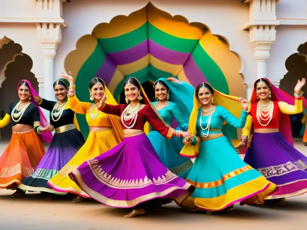 Un grupo de mujeres Rajasthani baila la tradicional danza circular de India, con trajes vibrantes y expresiones llenas de alegría, en medio de un bullicioso mercado