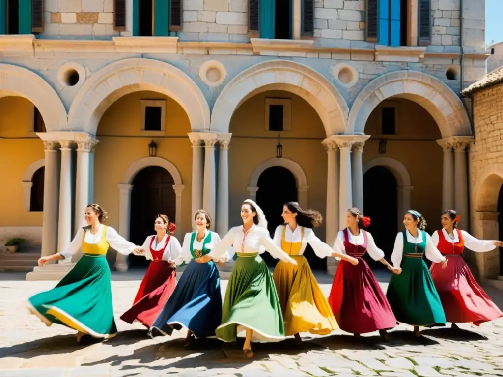 Grupo de mujeres bailando la tradicional danza del Tarantismo en Italia, vistiendo trajes folklóricos