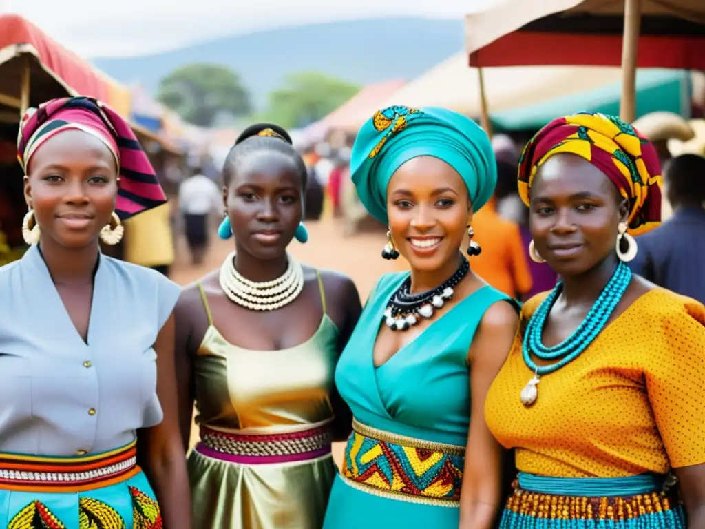 Un grupo de mujeres viste trajes africanos tradicionales en un bullicioso mercado al aire libre