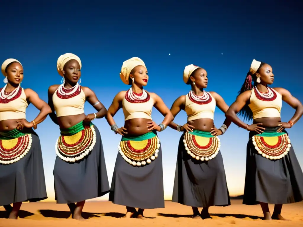 Grupo de mujeres danzando con trajes africanos bajo la luna, expresando la historia cultural de las danzas afrodisíacas