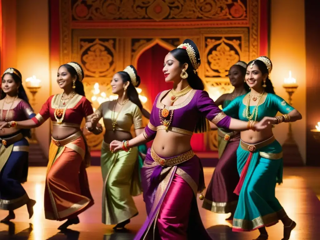 Grupo de mujeres en trajes coloridos y joyas danzando la tradicional danza del vientre en un salón decorado, iluminadas por velas