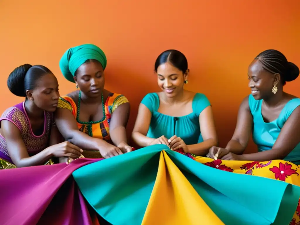 Un grupo de mujeres confeccionando trajes de danza, reflejando el significado cultural del vestuario de danza con destreza y orgullo