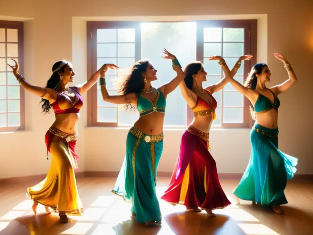 Un grupo de mujeres baila con trajes de danza del vientre empoderamiento, irradiando alegría y confianza en un ambiente de celebración