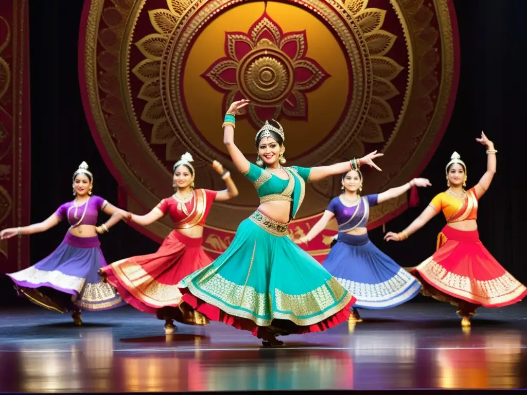 Grupo de mujeres en trajes de danza tradicional india, realizando movimientos dinámicos y expresivos en un escenario colorido y ornamental