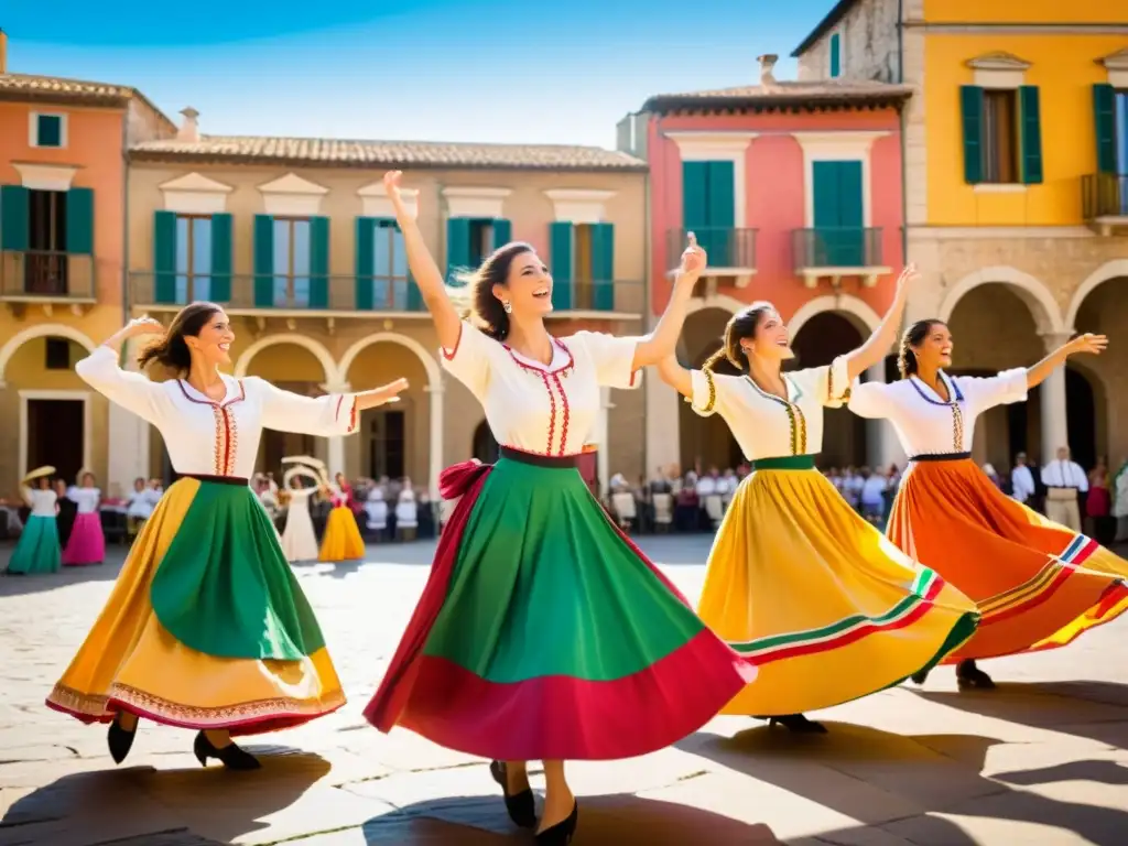 Grupo de mujeres en trajes del sur de Italia bailando en una plaza al sol, en un retiro de danza y curación Italia