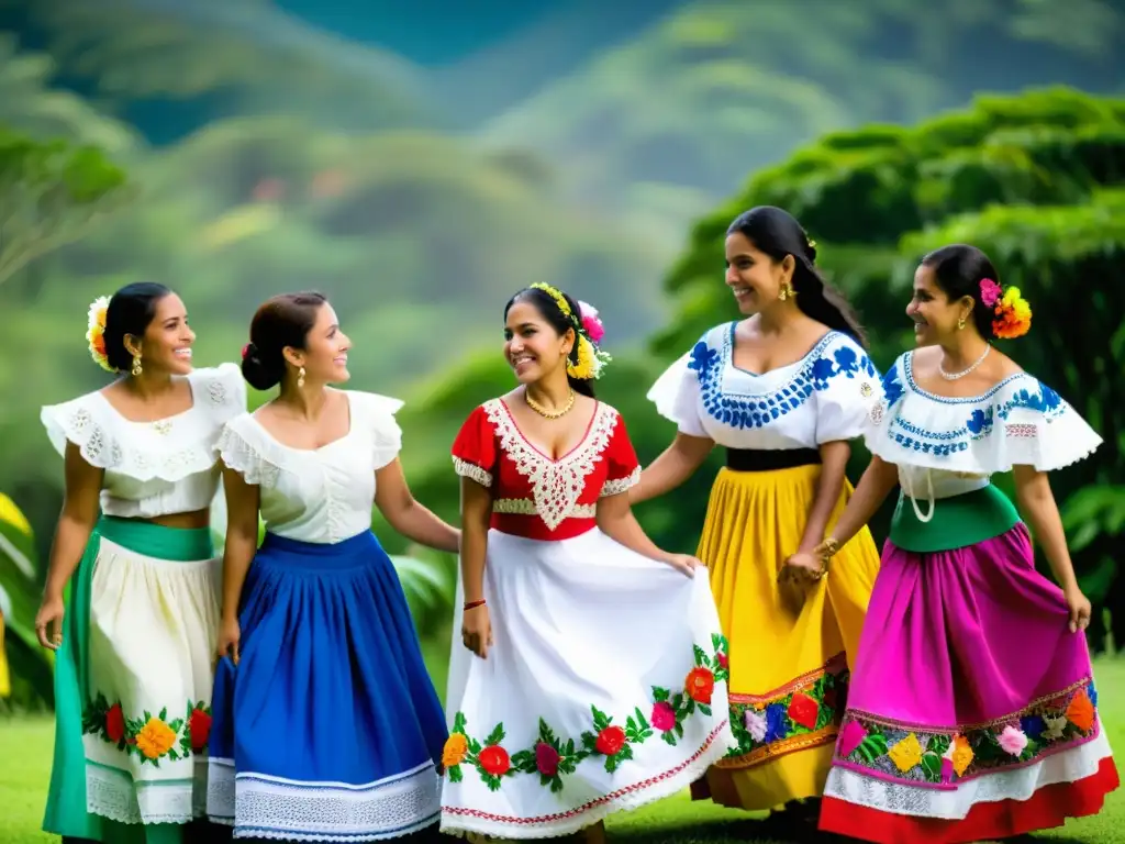 Grupo de mujeres con trajes típicos de El Salvador significado cultural, bailando entre exuberante vegetación, reflejando orgullo y alegría