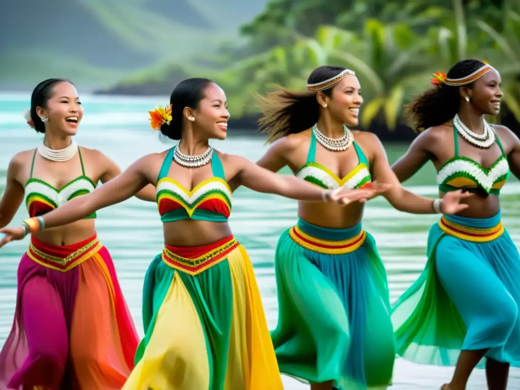 Grupo de mujeres con trajes tradicionales de Oceanía danzando con gracia y orgullo en un exuberante paisaje tropical