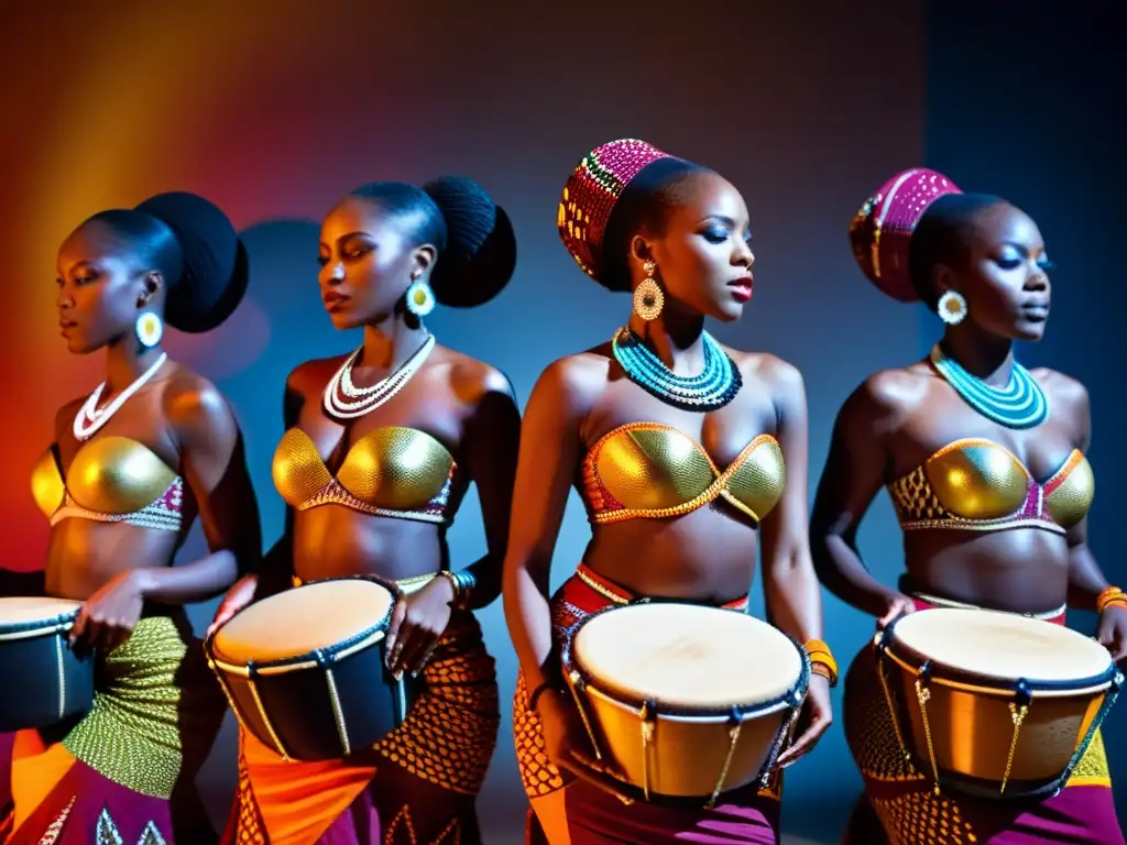 Un grupo de mujeres vistiendo trajes tradicionales africanos, danzando al ritmo de tambores en un ambiente atmosférico