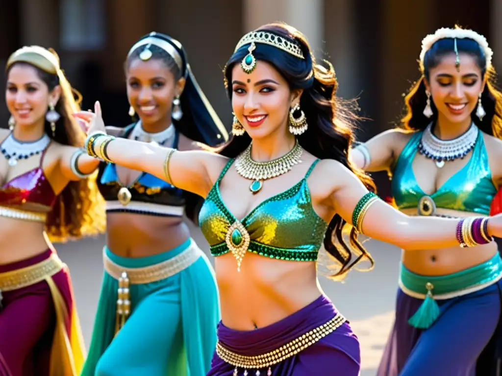 Grupo de mujeres danzando con trajes tradicionales de la danza del vientre en un estudio bellamente decorado