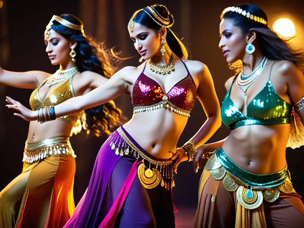Belly Dancers en Movimiento: Elegancia y Pasión Un grupo de mujeres en trajes vibrantes de danza del vientre, capturando la esencia cultural y sensual de esta antigua tradición