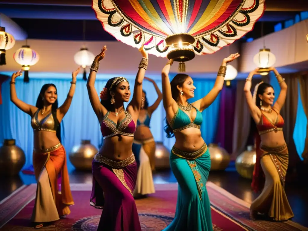 Grupo de mujeres danzando con trajes vibrantes en una habitación decorada, reinterpretando danza del vientre diáspora con gracia y fuerza