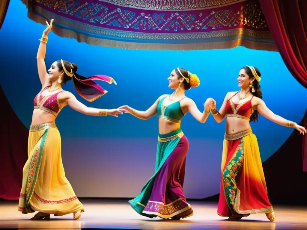 Grupo de mujeres en trajes vibrantes bailando danza tradicional del Medio Oriente en un escenario con patrones y textiles coloridos