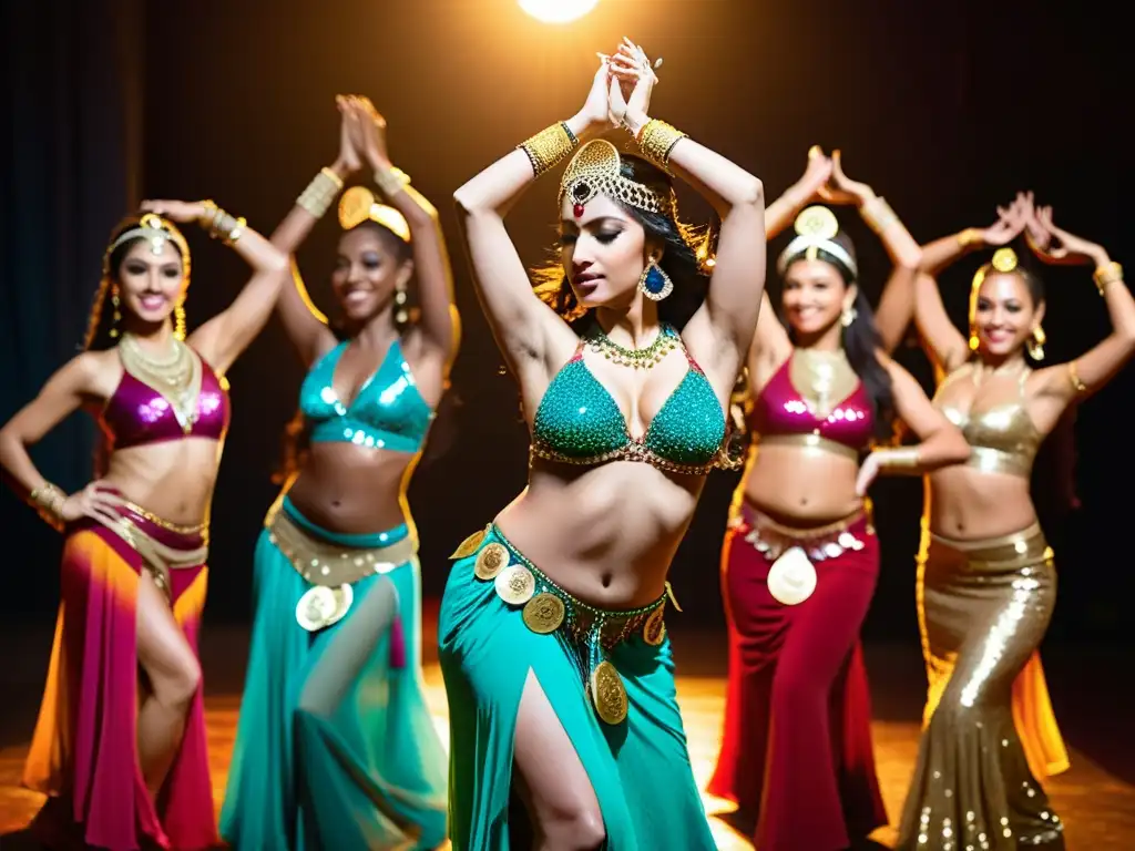 Grupo de mujeres en trajes vibrantes realizando un baile del vientre sincronizado en un ambiente misterioso