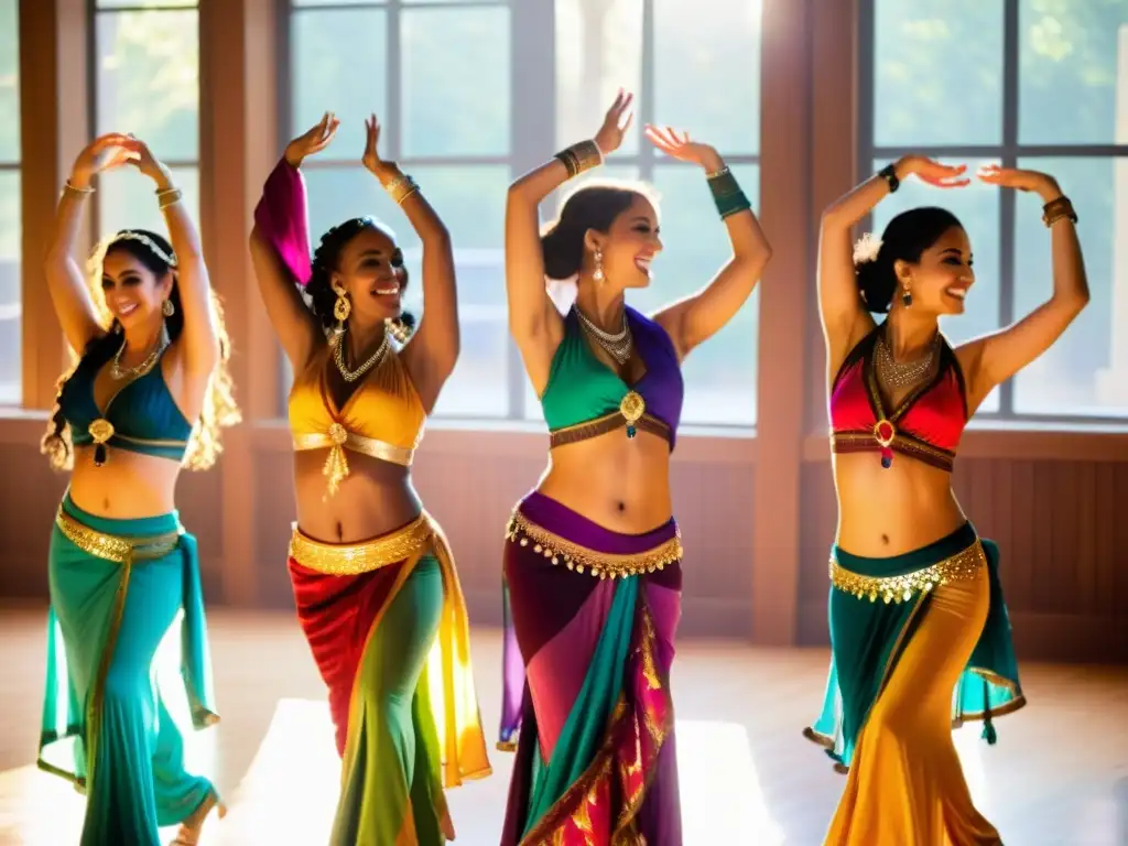 Grupo de mujeres en trajes vibrantes de danza del vientre, empoderamiento y celebración en un retiro de danza