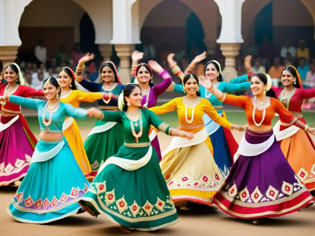 Un grupo de mujeres vestidas con trajes tradicionales de Gujarat bailando Garba con energía y alegría, simbolizando la rica cultura de Gujarat