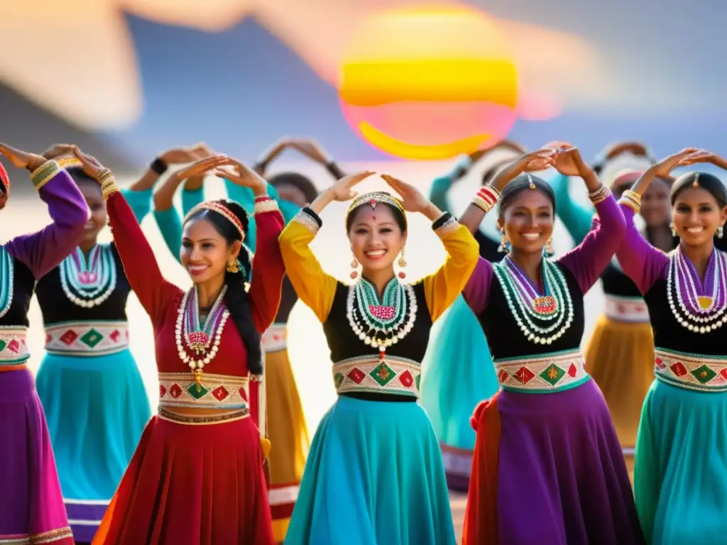 Un grupo de mujeres vestidas con trajes tradicionales coloridos y detallados realizan una danza étnica