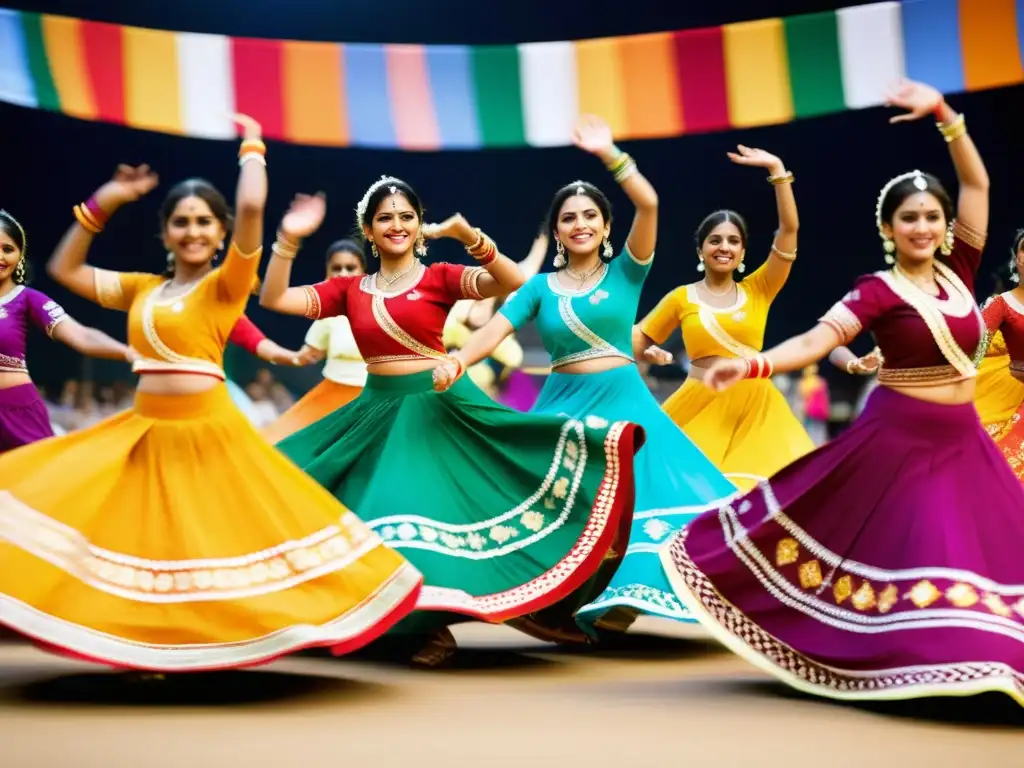 Un grupo de mujeres vestidas con trajes tradicionales de Gujarat, bailando con gracia durante una celebración de Garba