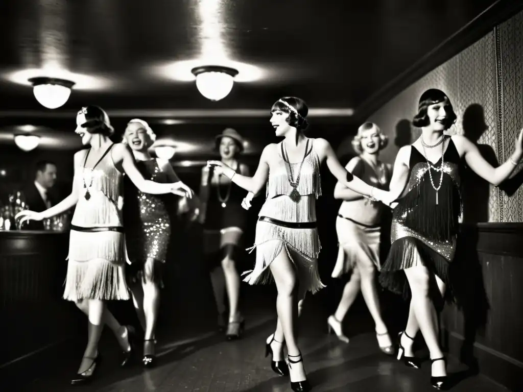 Grupo de mujeres en vestidos de flecos bailando el Charleston en un club clandestino, capturando la influencia de la danza en moda en los años 20