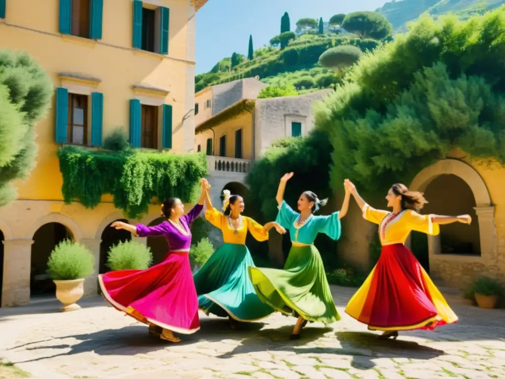 Un grupo de mujeres en vestidos tradicionales coloridos bailando bajo el sol italiano, rodeadas de vegetación y edificios históricos