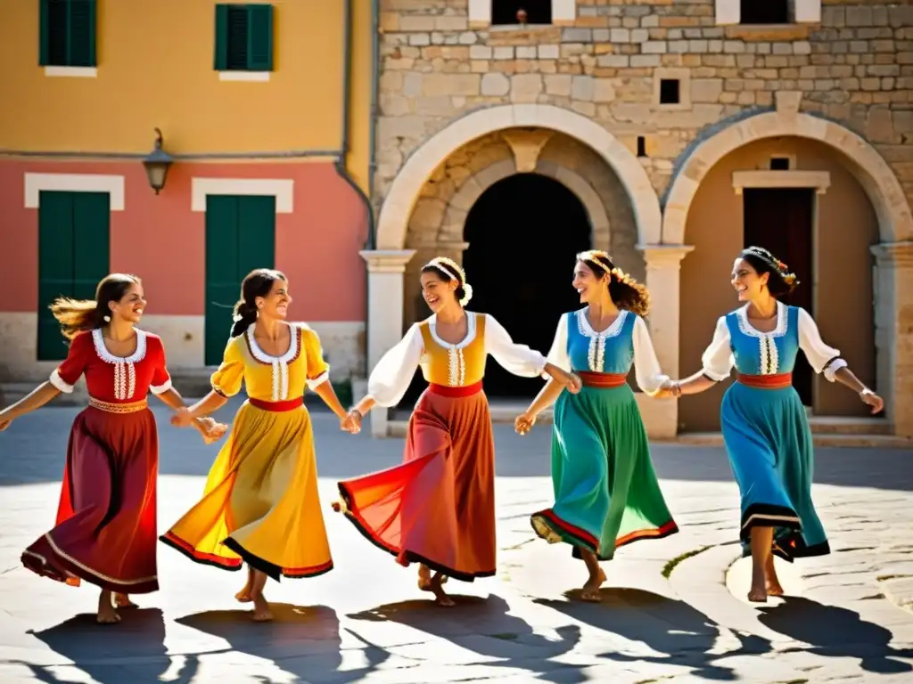 Grupo de mujeres bailando la tarantella en vestidos tradicionales al sol en Italia