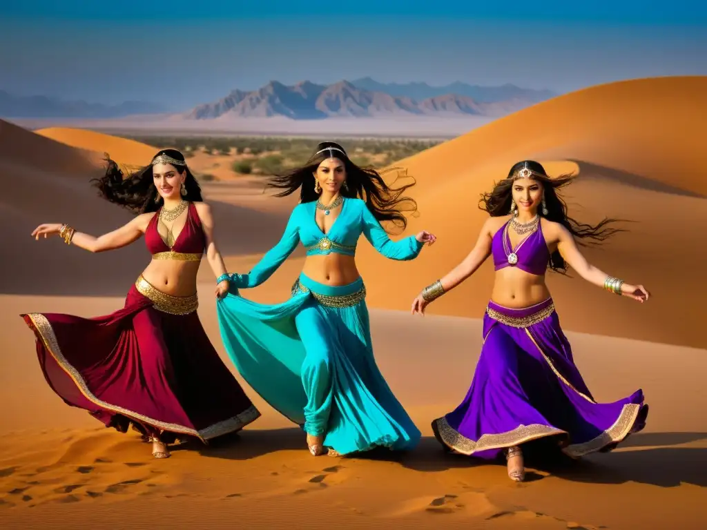 Grupo de mujeres en vestidos tradicionales de Oriente Medio realizando la danza del vientre, expresando el significado cultural y la belleza sensual de esta danza milenaria en el desierto