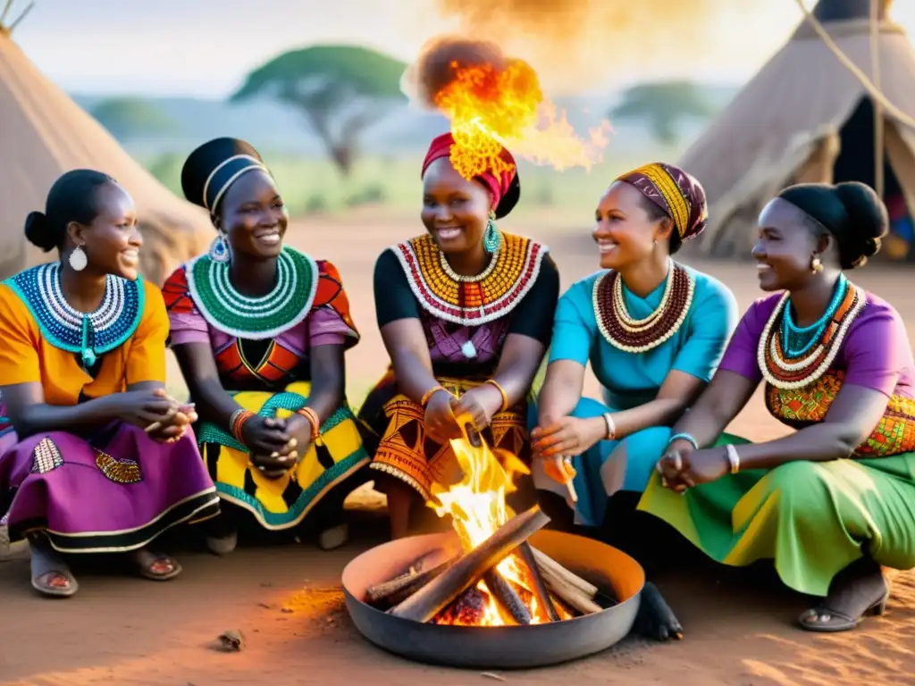 Grupo de mujeres con vestimenta regional africana significado cultural, cocinando alrededor de una fogata en una aldea rural africana