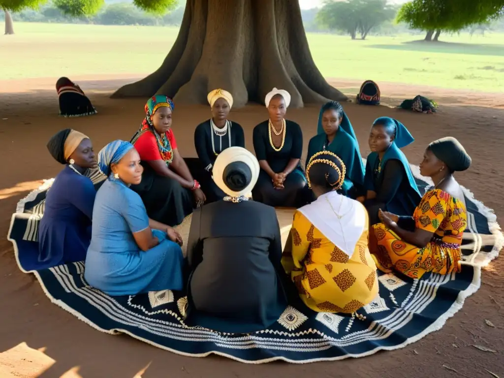 Un grupo de mujeres vistiendo vestimentas funerarias tradicionales en África se reúnen bajo un árbol, emanando solemnidad y resiliencia