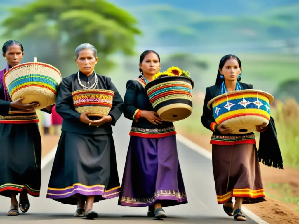 Un grupo de mujeres viste vestimentas funerarias tradicionales en África, llevando ofrendas en una procesión solemne