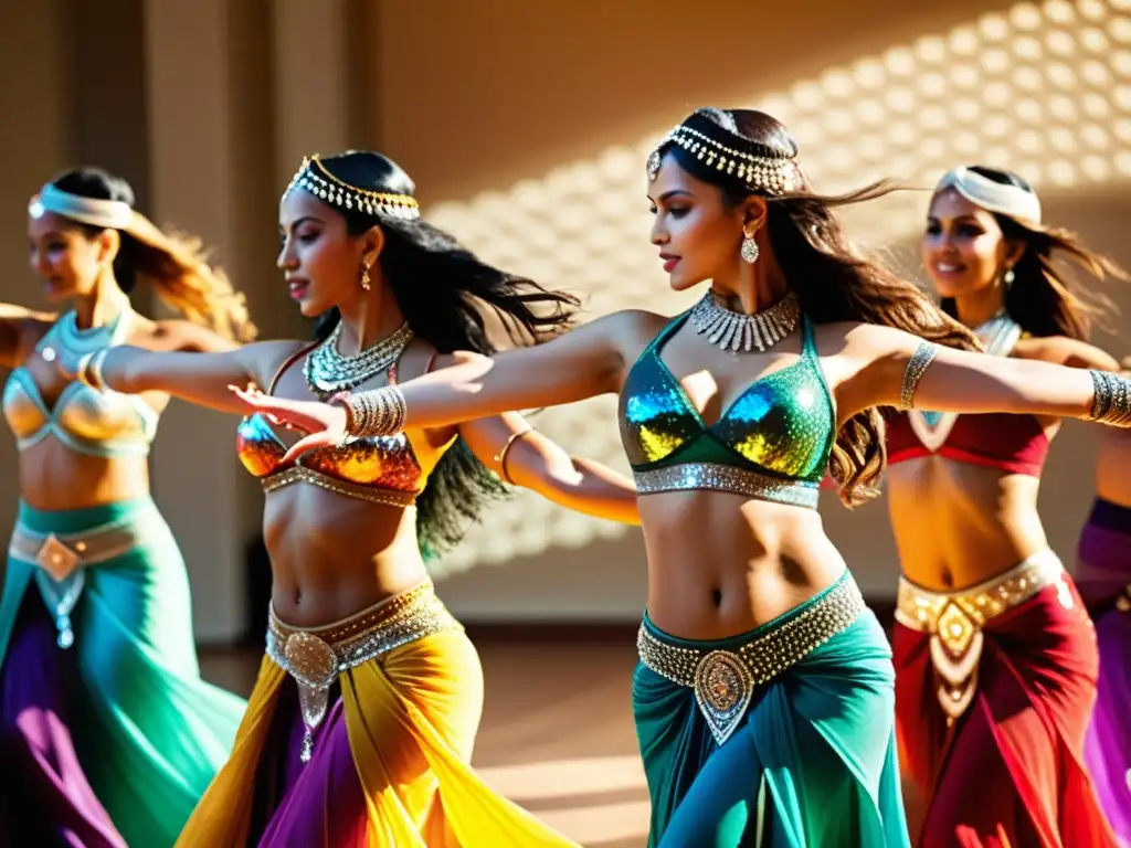 Grupo de mujeres bailando el vientre con trajes vibrantes y fluidos, resaltando el origen y significado cultural de la danza del vientre