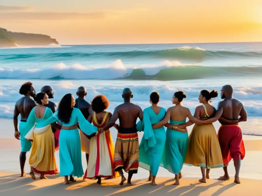 Un grupo multicultura de personas, vistiendo trajes tradicionales oceánicos, baila en la playa al atardecer