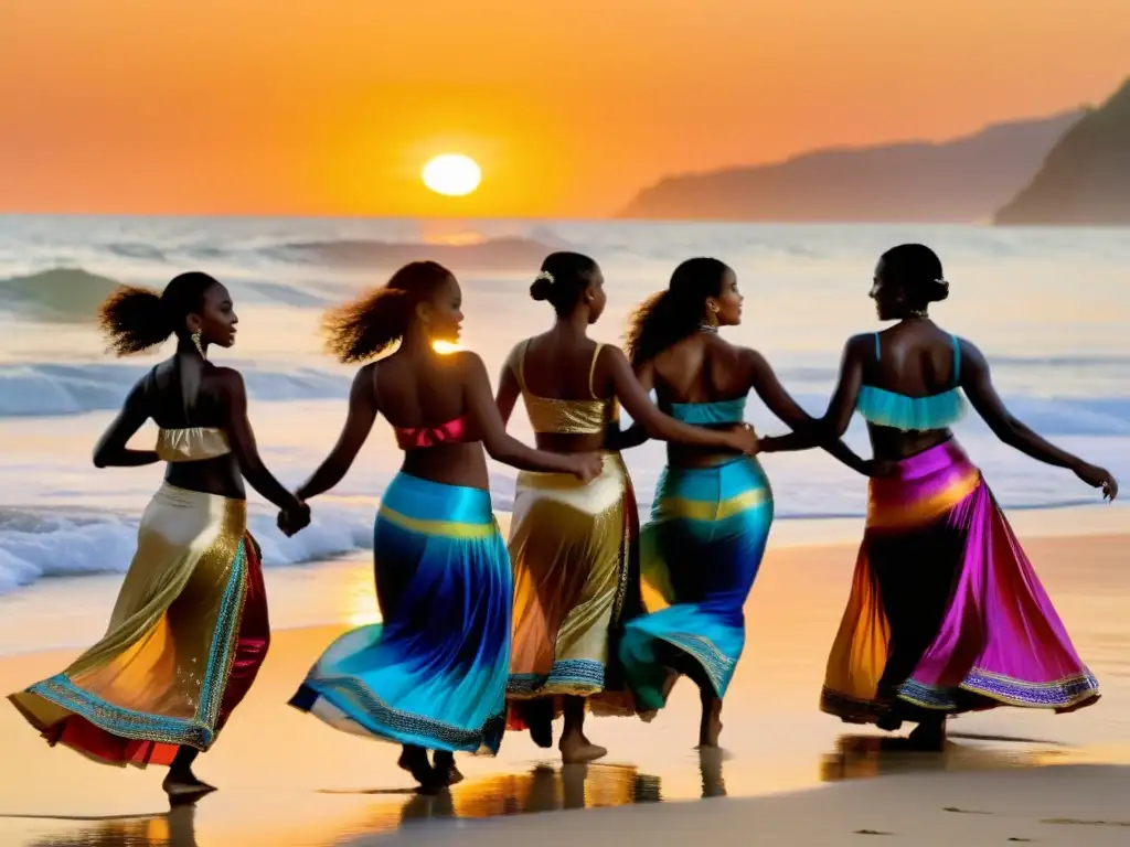 Grupo multicultural enseñanza danzas oceánicas en la playa al atardecer, evocando unidad y celebración cultural