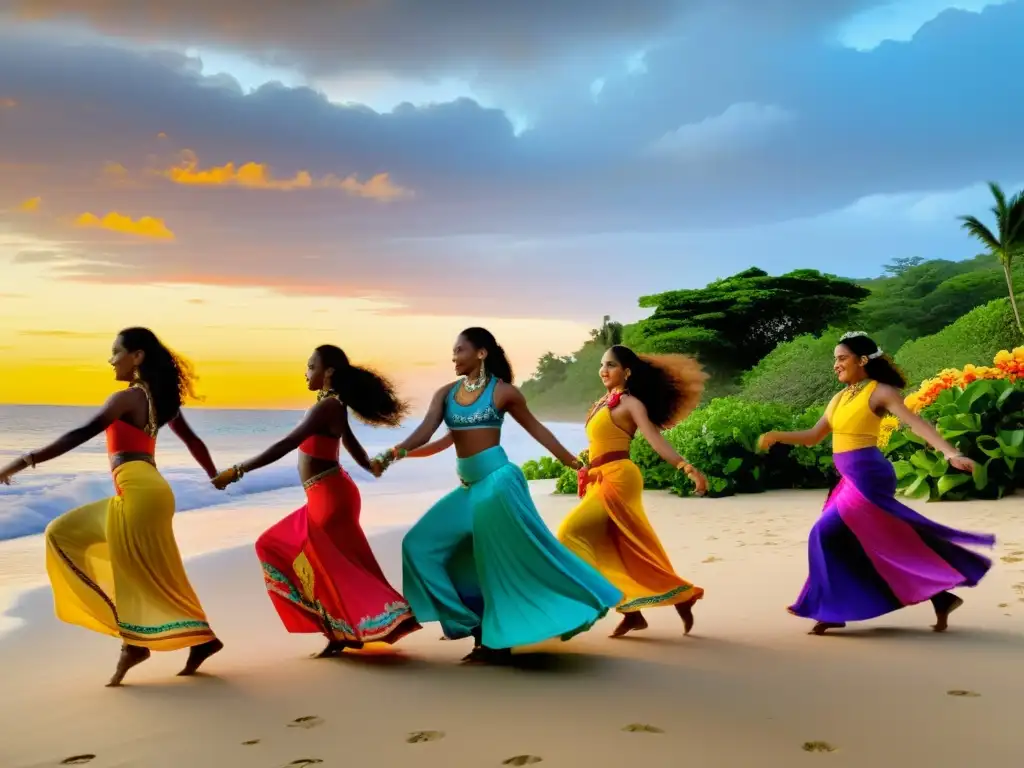 Grupo multiculturas danzando en la playa al atardecer, enseñanza danzas oceánicas, rodeados de naturaleza exuberante y flores tropicales