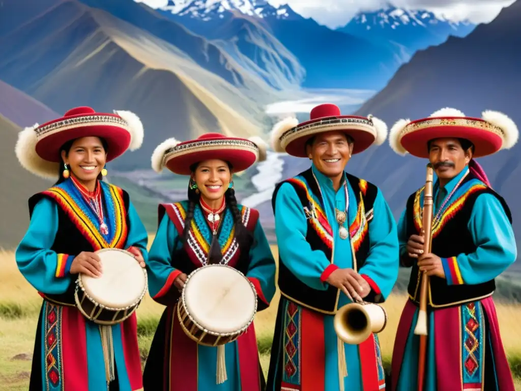 Grupo musical andino en trajes vibrantes interpreta música tradicional en los majestuosos Andes