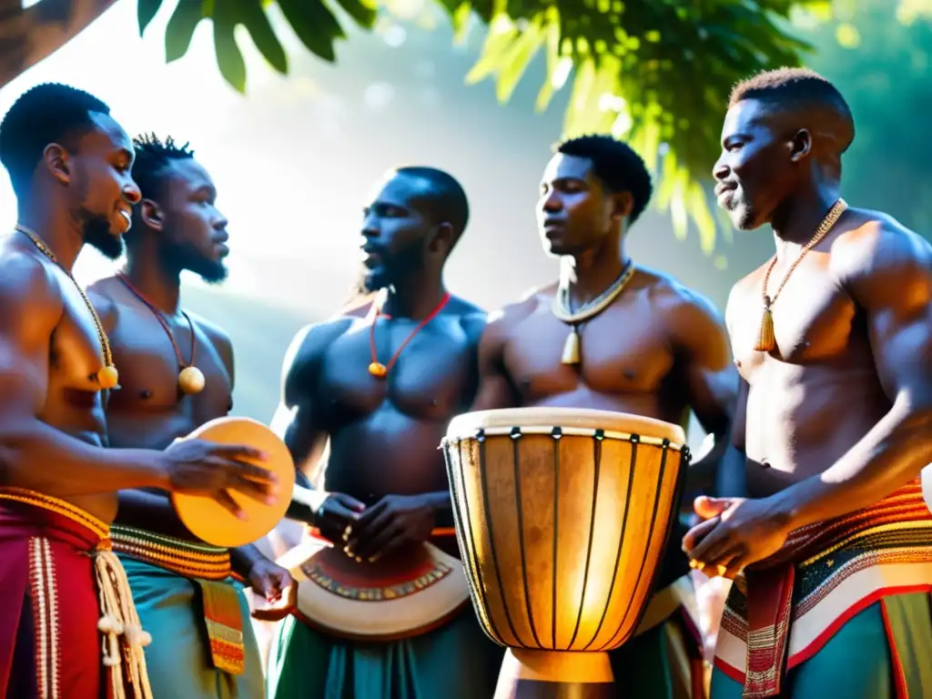 Ritmo africano: músicos creando música con un gran djembe Grupo de músicos africanos tocando un djembe tallado, bajo la luz del sol entre los árboles