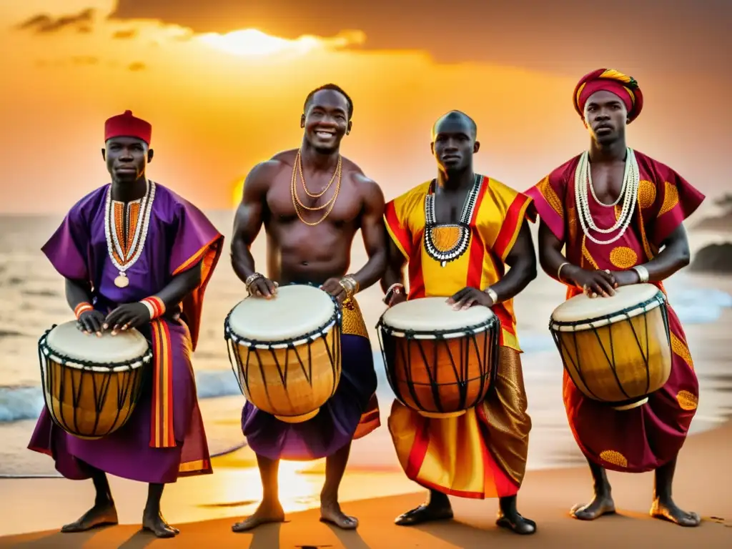 Apasionada actuación de músicos africanos bajo el atardecer dorado Grupo de músicos africanos tocando djembés bajo un atardecer dorado, capturando la pasión de los ritmos tradicionales de percusión africana